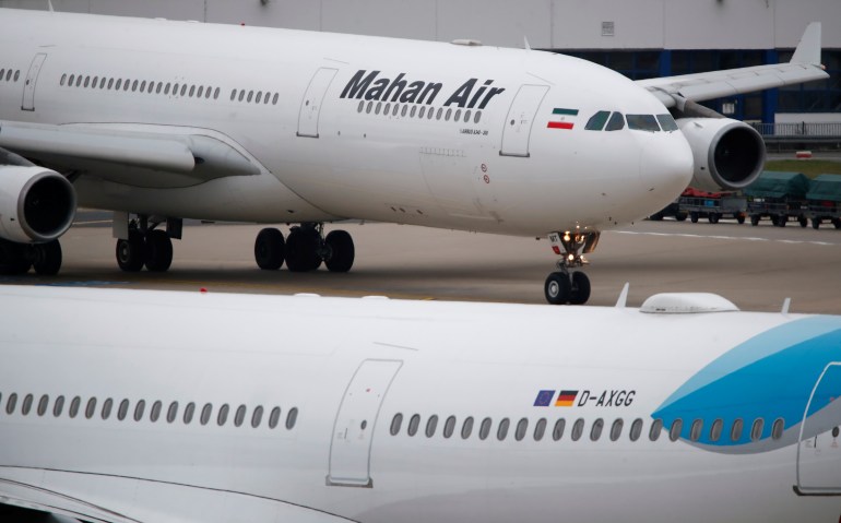 An Airbus A340-300 of Iranian airline Mahan Air taxis at Duesseldorf airport