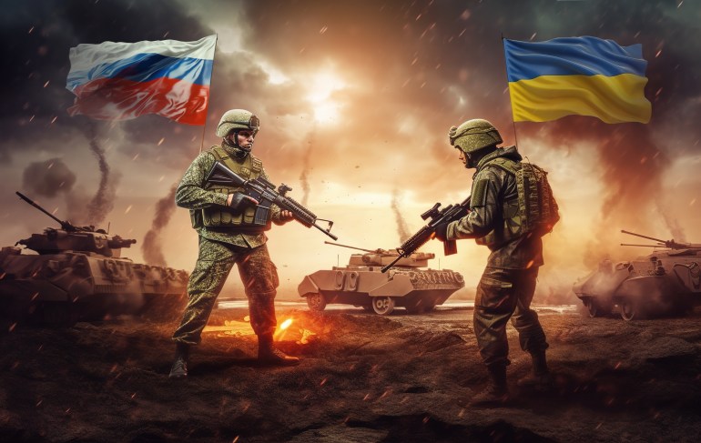 Conflict between Russia and Ukraine. Solders with weapons standing one against another with flags of Russian Federation and Ukraine and tanks and war atmosphere in the background. المصدر : أدوبي ستوك