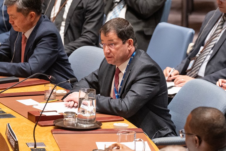 NEW YORK, UNITED STATES - 2024/08/30: Ambassador Dmitry Polyanskiy of Russia speaks during the Security Council meeting at the UN Headquarters on threats to international peace and security (Ukraine). (Photo by Lev Radin/Pacific Press/LightRocket via Getty Images)